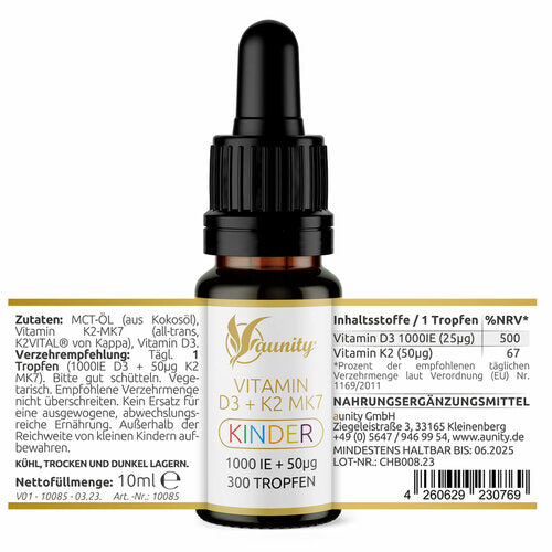 aunity Vitamin D3 + K2 MK7 Kinder Tropfen – 1000 IE + 50µg
