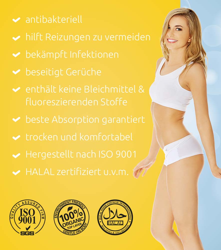 Mehr als eine super-absorbierende Slipeinlage! Slipeinlagen von aunity sind angereichert mit Aktivsauerstoff (Ozon), negativen Ionen (Anionen) und Nano-Silber. Damenbinden Slipeinlagen Anion antibakteriell